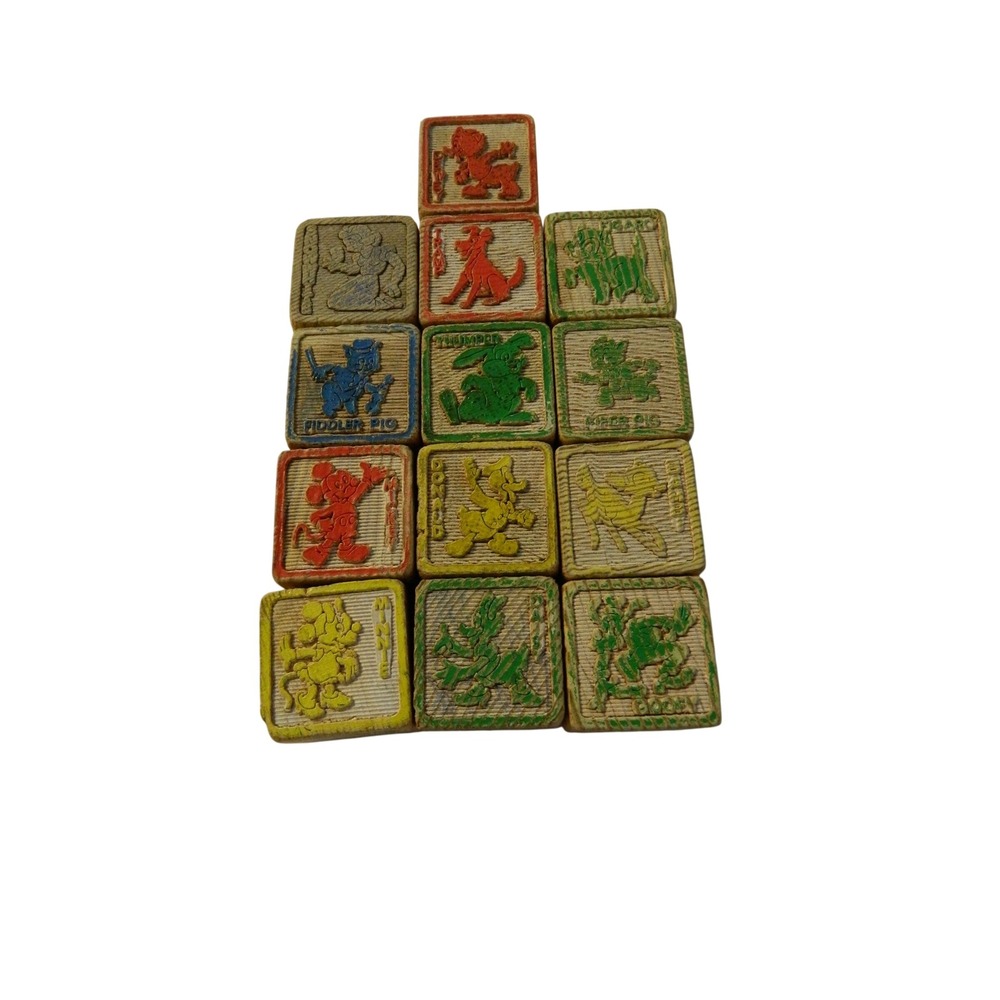 Disney Wooden Alphabet Blocks Kids Multicolor Vintage Character Set 13pc Rustic